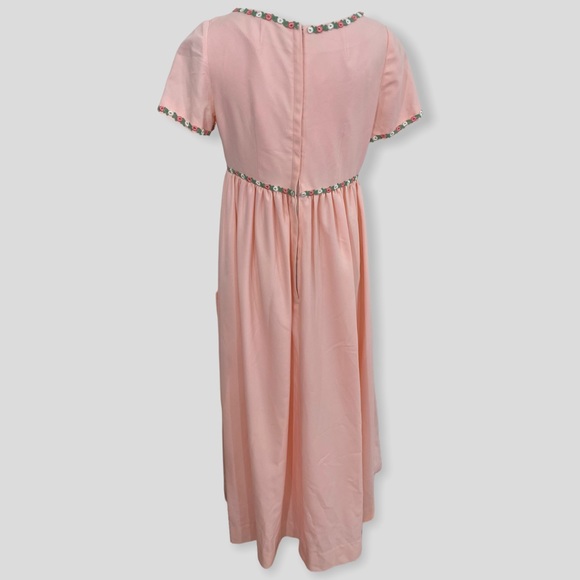 Vintage 60s Pink Flowy Cottagecore Maxi Floral Trim Large Pockets - Picture 6 of 7